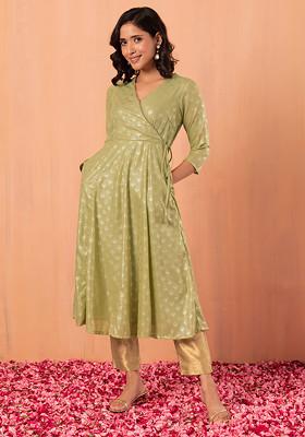 Light Green Foil Print Angrakha Kurta