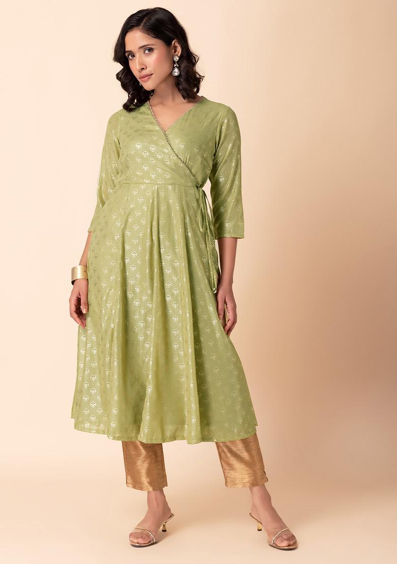 Light Green Foil Print Angrakha Kurta