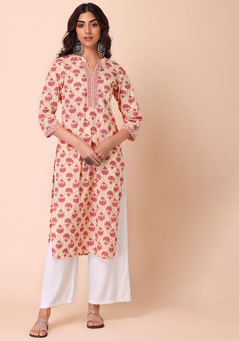 Ivory And Pink Batik Print Cotton Kurta