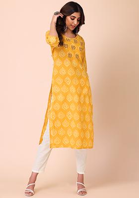 Yellow Batik Print Embroidered Cotton Kurta 