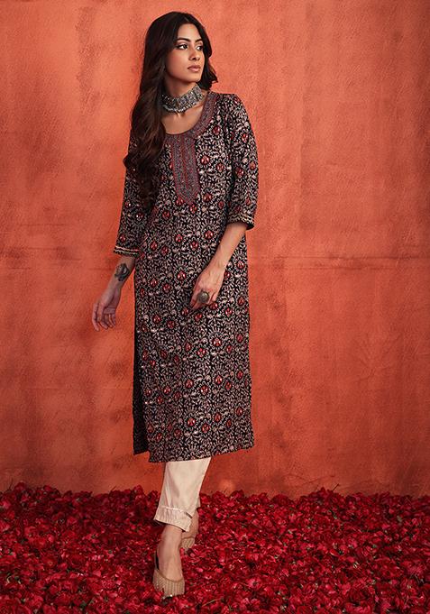 Buy Women Navy Blue Ajrakh Print Embroidered Rayon Kurta - Everyday ...