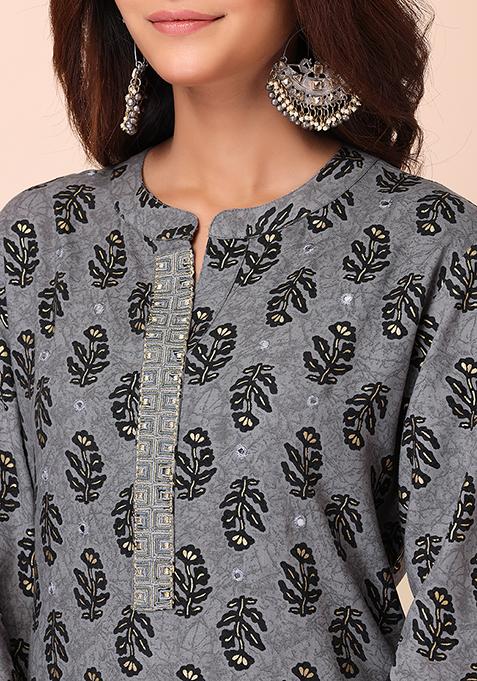 Women'S Black & Grey Block Print Straight Kurta