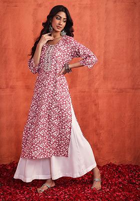 Purple Floral Print Embroidered Rayon Kurta