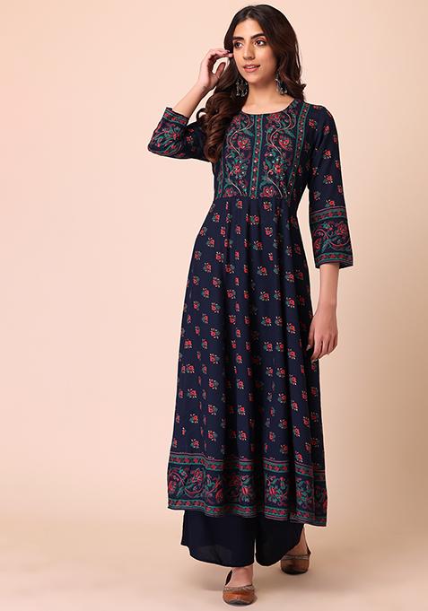 Buy Women Navy Blue Floral Print Rayon Anarkali Kurta - Plus Size - Indya