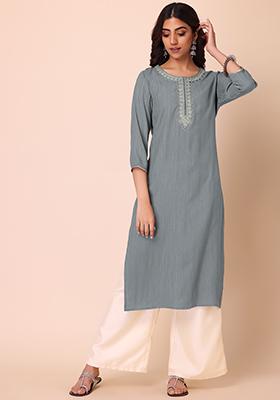 Grey Thread Embroidered Rayon Kurta