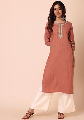 Orange Thread Embroidered Rayon Kurta