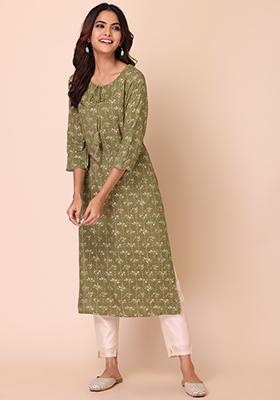 Green Striped Print Rayon Kurta