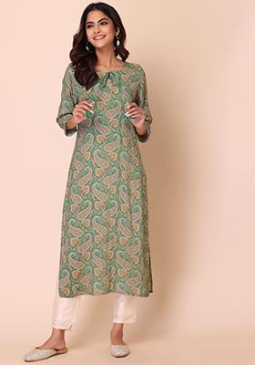 Green Paisley Print Rayon Kurta