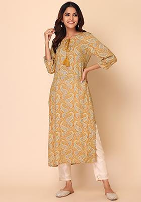 Mustard Yellow Paisley Print Rayon Kurta