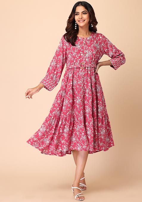 Pink Printed Rayon Tiered Dress With Belt