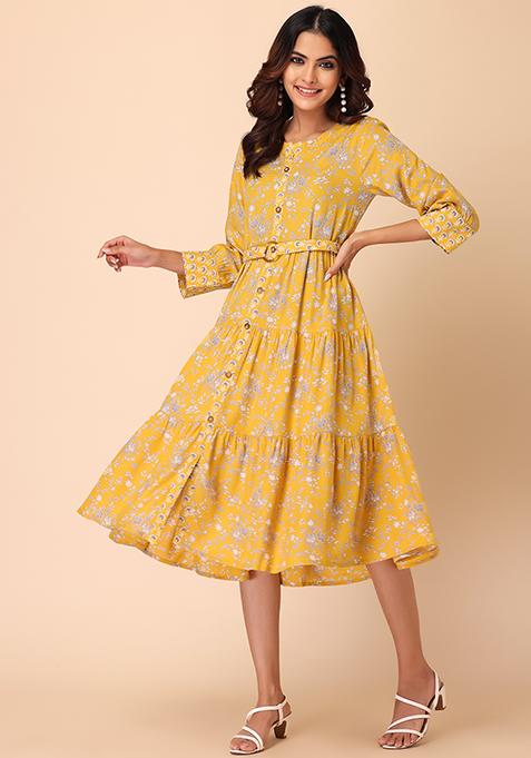 Yellow Printed Rayon Tiered Dress With Belt
