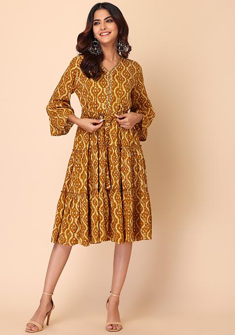Mustard Yellow Tiered Rayon Dress With Belt