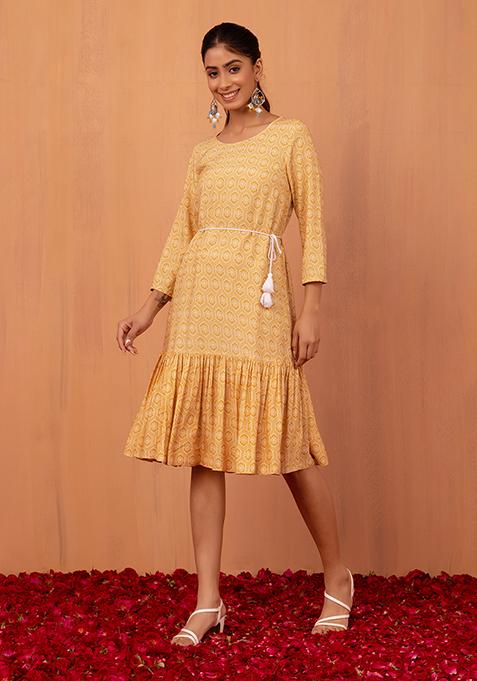 Yellow Printed Tiered Dress With Dori Belt (Set of 2)