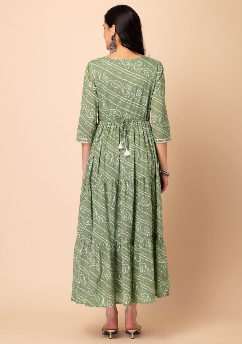 Green Bandhani Print Cotton Dress With Belt (Set of 2) - Indya