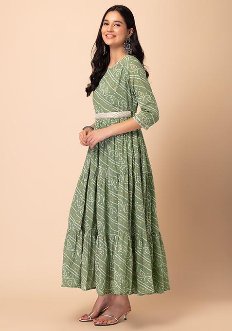 Bandhani Strappy Knee Length Dress In Lime Green