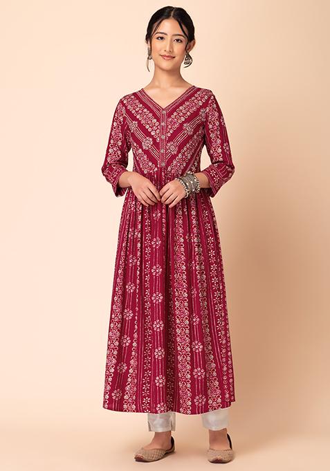 Buy Women Red Batik Print Anarkali Kurta - AW'23 Collection - Indya