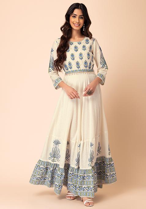 Women Blue Printed Half Sleeve Cotton Anarkali Kurta main image 1