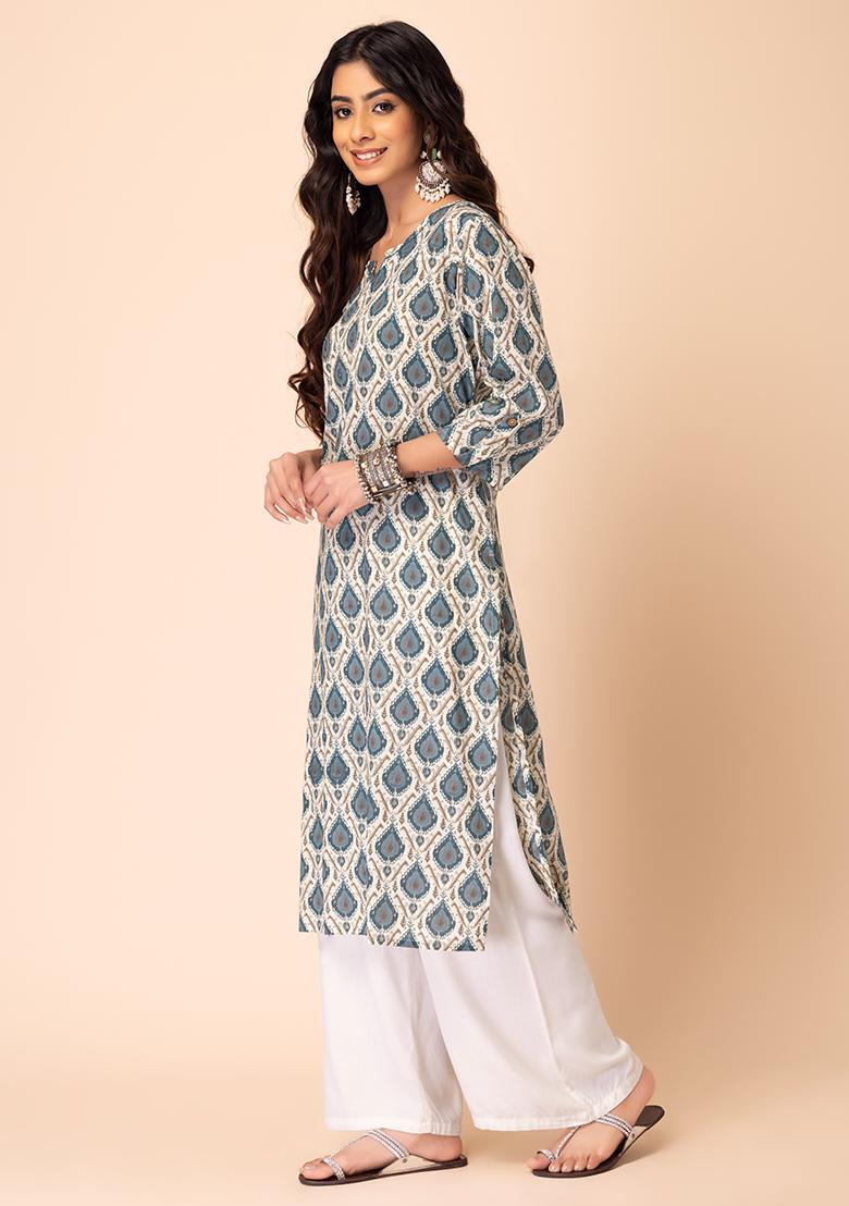 Ivory & Black Ikat A-Line Kurti Set