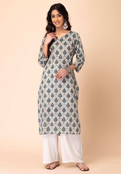 Buy Women Ivory Ikat Print Cotton Kurta - Everyday Ethnic - Indya