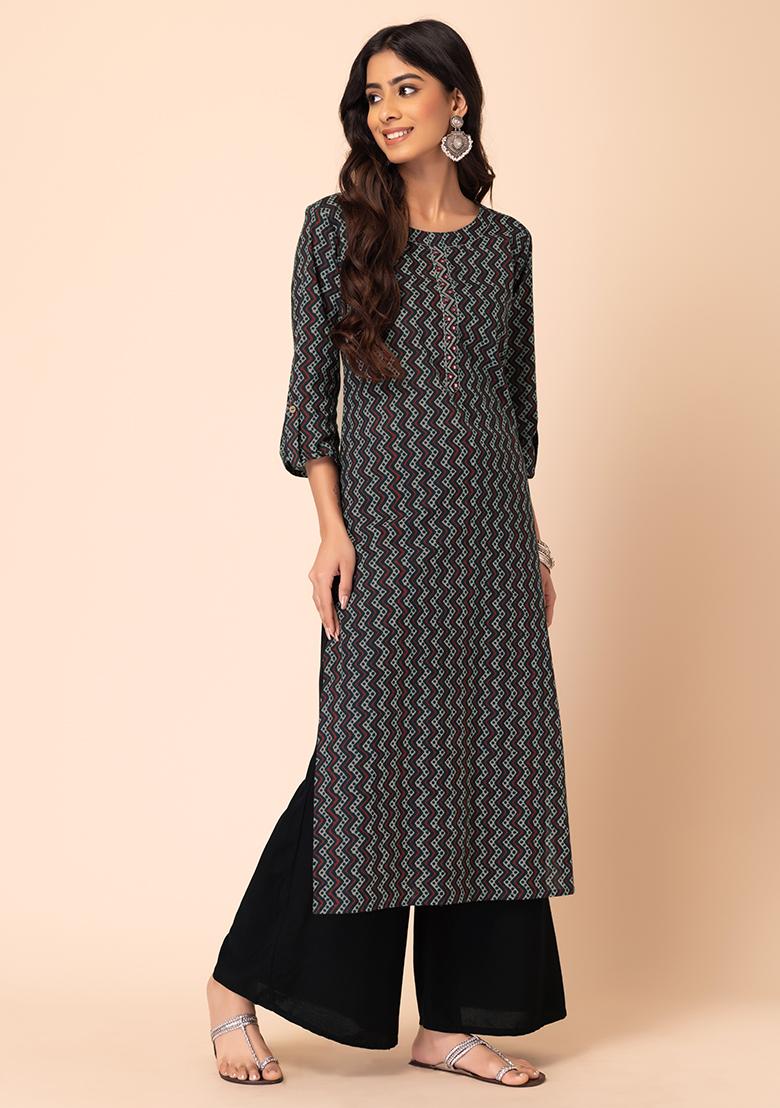 Green - Collared Neck Buttoned Down Batik Print Cotton Kurta 01