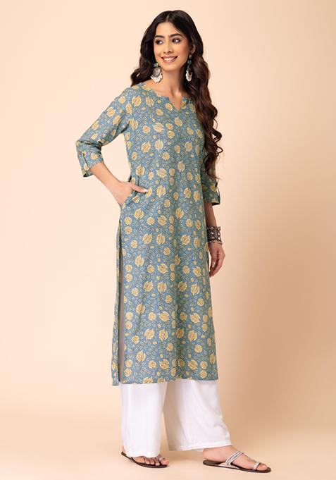 Buy Women Light Blue Floral Print Cotton Kurta - ITN04953 - Kurtas - Indya