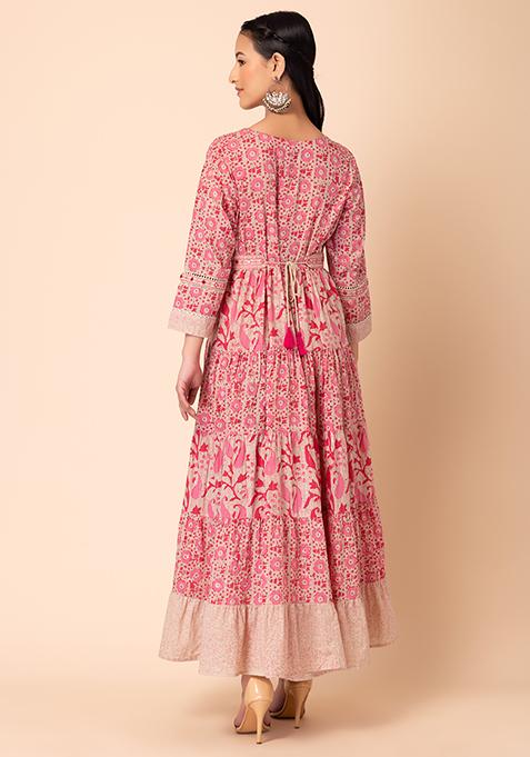 Women Beige Printed Sleevless Cotton Anarkali Kurta main image 1