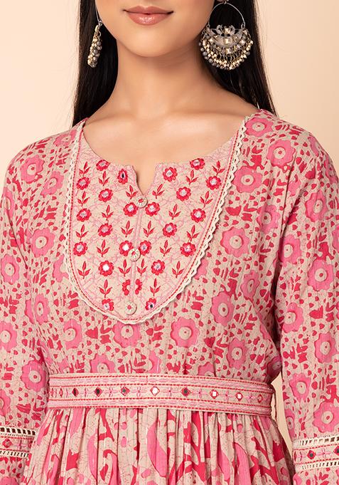 Beige Printed Sleevless Cotton Anarkali Kurta