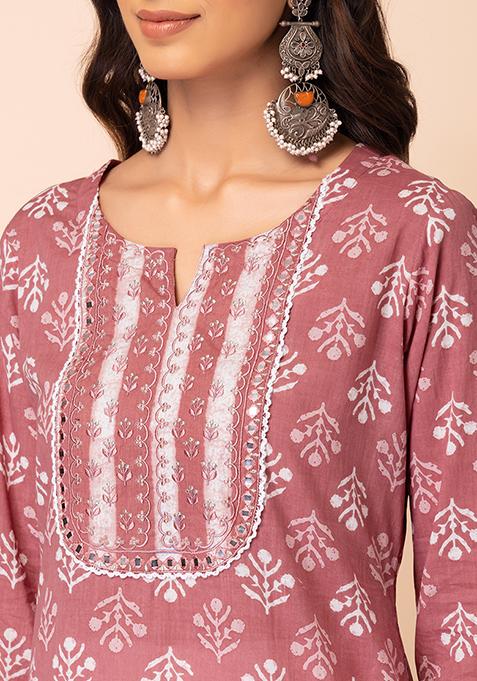 Buy Women Pink Floral Print Embroidered Cotton Kurta Plus Size Indya