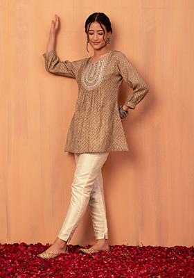 Brown Mirror Embroidered Muslin Short Kurta