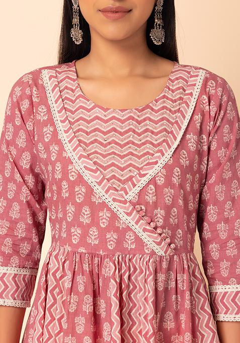 Buy Women Pink Printed Cotton Angrakha Kurta Plus Size Indya