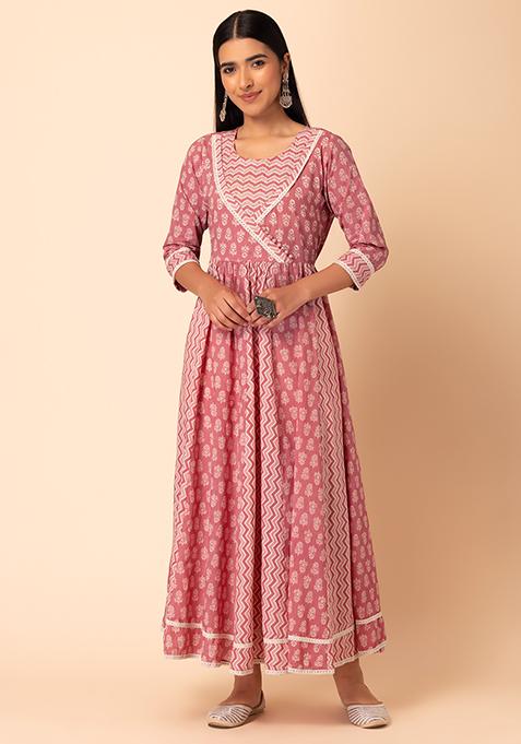 Buy Women Pink Printed Cotton Angrakha Kurta - Plus Size - Indya