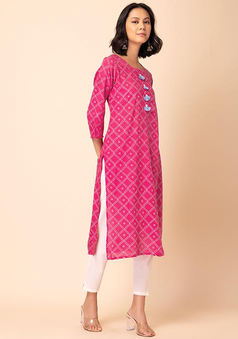 Buy Women Pink Bandhani Print Kurta - Plus Size - Indya