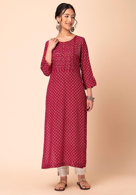Women'S Pink & White Bandhani Print Kurta With Palazzos