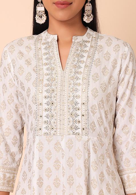 Buy Women White Foil Print Side Tie Rayon Anarkali Kurta - Everyday ...