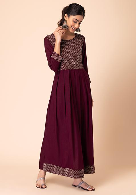 Women's Floral Maroon Anarkali Kurta