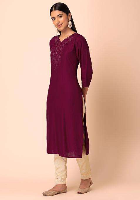 Maroon Rayon Printed Straight Kurta