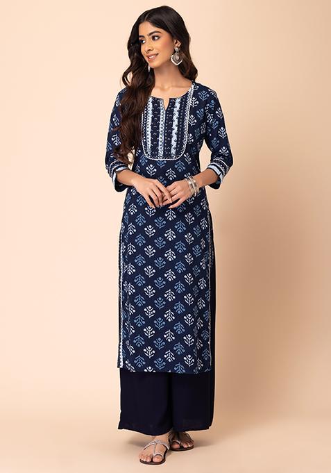 Women Cotton Indigo Geometric Print Kurta Comfort Pant Dupatta