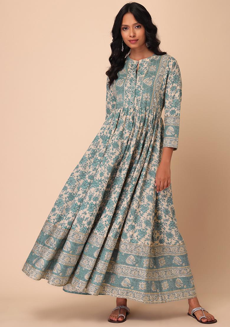 Beige Floral Print Cotton Kurta