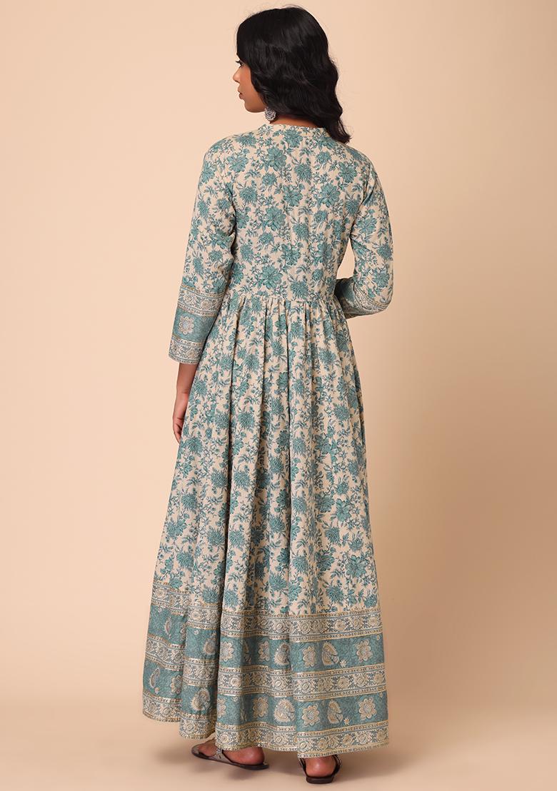 Beige Floral Print Cotton Kurta