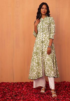 White And Green Floral Print Cotton A-Line Dress 
