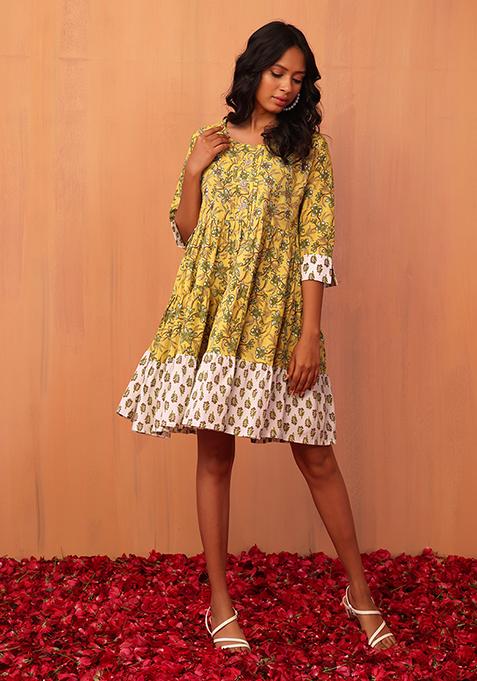 Mustard Floral Print Cotton Dress 