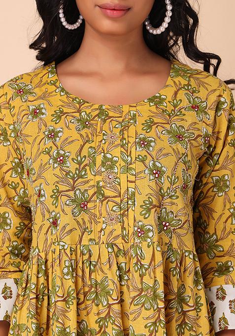 Made to Measure Mustard Cotton Flared Dress with multicolor Ikat Print