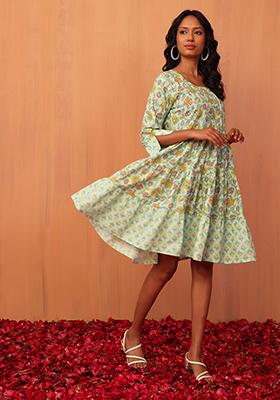 Sea Green And Yellow Floral Print Cotton Dress 