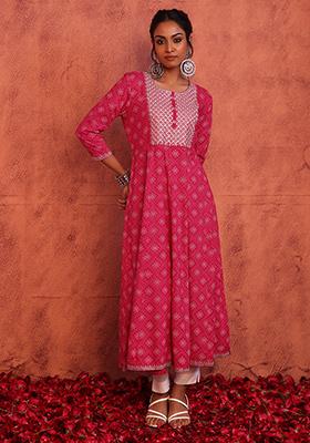 Fuchsia Bandhani Print Embroidered Rayon Anarkali Kurta 