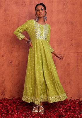 Lime Green Foil Print Embroidered Rayon Anarkali Kurta 