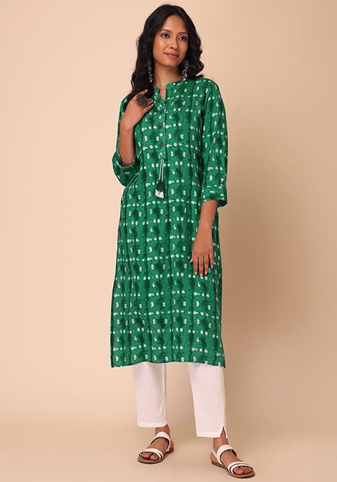 Women Green Foil Printed Straight Kurtas