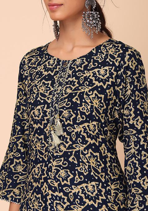 Women Navy Blue  Foil Printed Straight Kurtas