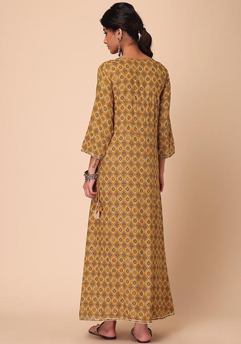 KIPEK Women's Cotton Buta Print Anarkali Kurta - Mustard Long Kurta