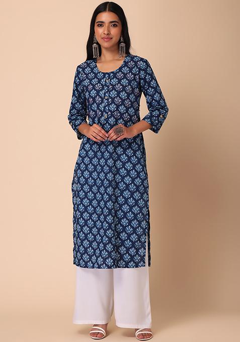 Floral Black With Gold Printed Chinese Collared With 3/4Th Sleeves Straight Kurta With Black & Gold Floral Jaal Printed Pants