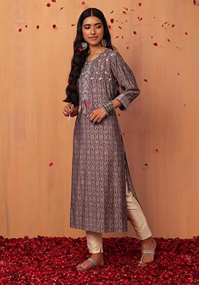 Deep Pink Floral Print Embroidered Cotton Straight Kurta 